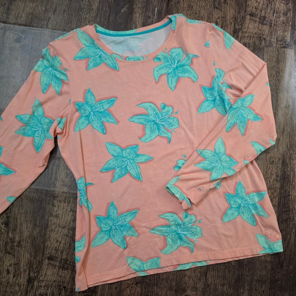 UVSkinz Sun Shirt Womens L Peach Teal Floral UPF 50+ Bamboo Cotton Long Sleeve